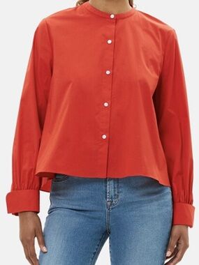 Theory Red Long-Sleeve Button-Front Blouse